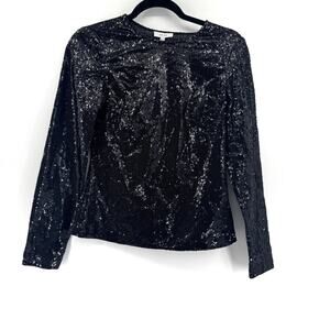 REISS Juilianne Black Sequin Long Sleeve Top Sz 2 NWT $158 Glitter Party